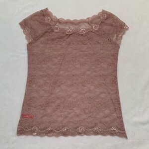 Y2K Sexkiss Blush Nude Lace Mesh Sheer Cap Sleeve Boat Neck Top